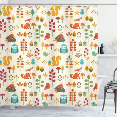 Ambesonne Cartoon Shower Curtain, Autumn Pattern Owl Fox Squirrel Birds Animal Leaves Print, Cloth Fabric Bathroom Decor Set with Hooks, 69" W x 84" L, Cream Multicolor