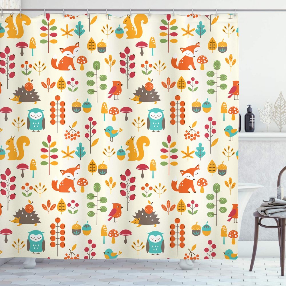Ambesonne Cartoon Shower Curtain, Autumn Pattern Owl Fox Squirrel Birds Animal Leaves Print, Cloth Fabric Bathroom Decor Set with Hooks, 69" W x 84" L, Cream Multicolor