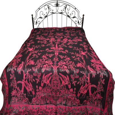 Exotic India Reversible Jamawar Bedspread with Woven Tree of Life - Viscose - Color Black and Carmine Color