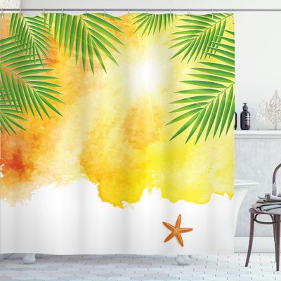 Ambesonne Summer Shower Curtain, Watercolor Holiday Sun Vacation Themed Paint Starfish and Palm Leaves Print, Cloth Fabric Bathroom Decor Set with Hooks, 69" W x 75" L, Fern Green