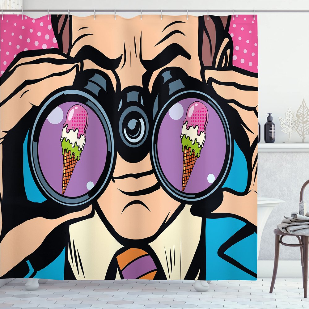 Ambesonne Comics Shower Curtain, Business Man Wants Ice Cream Pop Art Retro Style Parody Humor Cartoon Illustration, Cloth Fabric Bathroom Decor Set with Hooks, 69" W x 75" L, Pink Blue