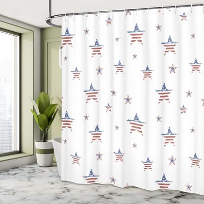 Ambesonne 4th of July Shower Curtain, Scattered Stars with American Flag Motifs Independence Day Theme, Cloth Fabric Bathroom Decor Set with Hooks, 69" W x 75" L, Ruby Navy Blue White