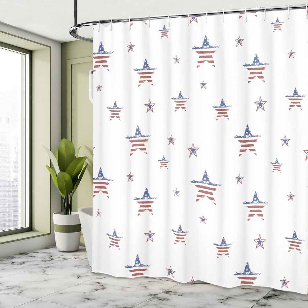 Ambesonne 4th of July Shower Curtain, Scattered Stars with American Flag Motifs Independence Day Theme, Cloth Fabric Bathroom Decor Set with Hooks, 69" W x 75" L, Ruby Navy Blue White
