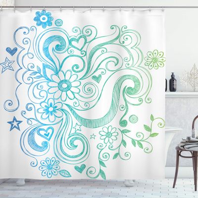 Ambesonne Flowers Shower Curtain, Rainbow Colored Ombre Sketch Design with Florals Blossom Ivy Leaves, Cloth Fabric Bathroom Decor Set with Hooks, 69" W x 75" L, Turquoise White