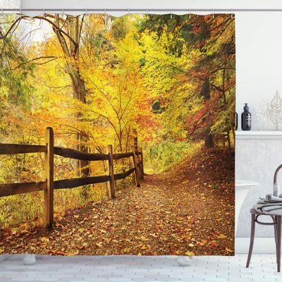Ambesonne Landscape Shower Curtain, Autumn Season Fall Trees Leaves on Pathway to Forest with Fence Photo, Cloth Fabric Bathroom Decor Set with Hooks, 69" W x 75" L, Ginger Yellow Marigold