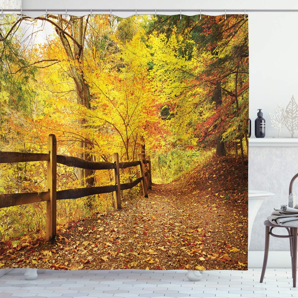 Ambesonne Landscape Shower Curtain, Autumn Season Fall Trees Leaves on Pathway to Forest with Fence Photo, Cloth Fabric Bathroom Decor Set with Hooks, 69" W x 75" L, Ginger Yellow Marigold