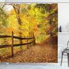 Ambesonne Landscape Shower Curtain, Autumn Season Fall Trees Leaves on Pathway to Forest with Fence Photo, Cloth Fabric Bathroom Decor Set with Hooks, 69" W x 75" L, Ginger Yellow Marigold view 1