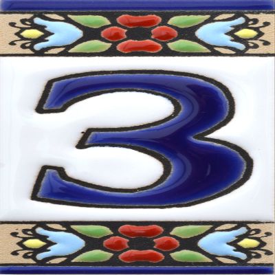 House numbers 3 inch. Handpainted house number tiles for signs, addresses and names. Address numbers for houses. House address numbers and letters. Design FLORES MINI 2,87" x 1,38" (NUMBER 3)