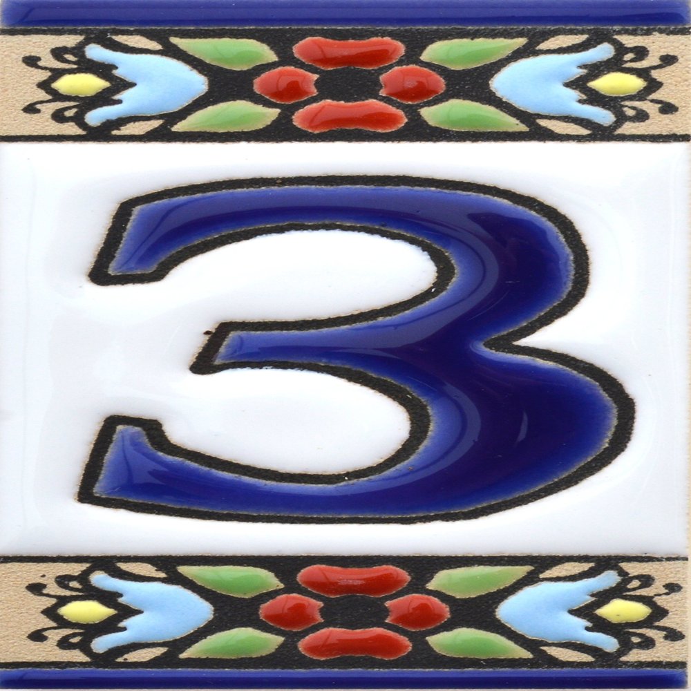 House numbers 3 inch. Handpainted house number tiles for signs, addresses and names. Address numbers for houses. House address numbers and letters. Design FLORES MINI 2,87" x 1,38" (NUMBER 3)