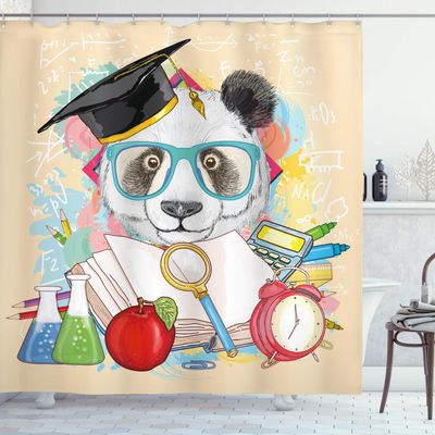 Ambesonne Animal Shower Curtain, Panda Goes to Humor Hipster with Glasses Books Pen Graphic Art, Cloth Fabric Bathroom Decor Set with Hooks, 69" W x 70" L, Multicolor Cream