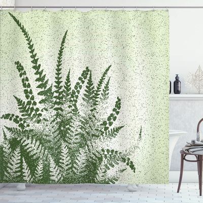 Ambesonne Green Shower Curtain, Nature Botanic Exotic Plants Silhouette Fern Leaves with Grungy Effect, Cloth Fabric Bathroom Decor Set with Hooks, 69" W x 75" L, Green Olive