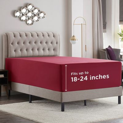 Empyrean Burgundy Red Extra Deep Pocket Fitted Sheet Full Size, Hotel Luxury Deep Pocket Full Size Fitted Sheet Only Easily Fits 18 to 24 Inch Mattress, Soft, Wrinkle-Free with Corner Straps