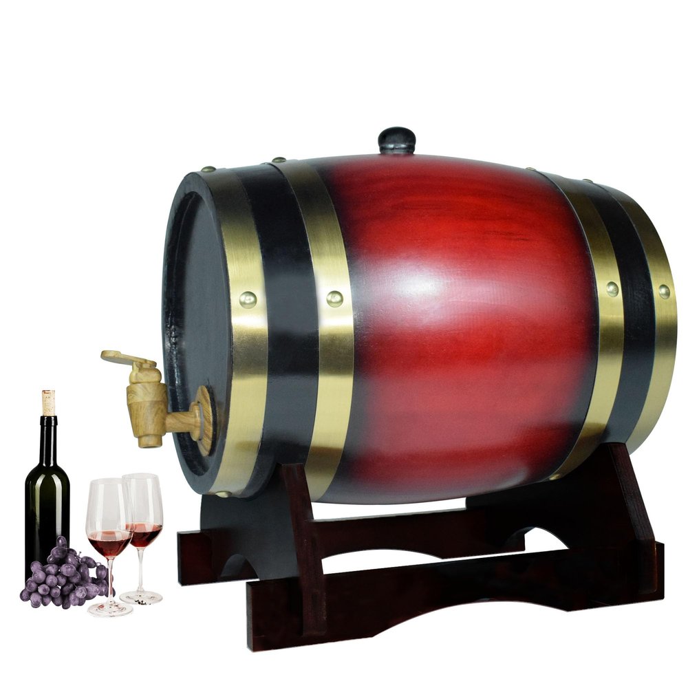 1.5L Whiskey Barrel Dispenser Oak Aging Barrels Home Whiskey Barrel Decanter for Wine, Spirits, Beer, and Liquor (Red Wine)