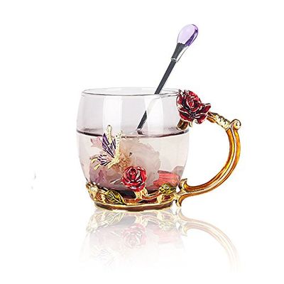 Bestbling Creative Handmade Enamel Home Decration Enamel Flower Crystal Glass Coffee Tea Water Cup (32CL, Rose Red)