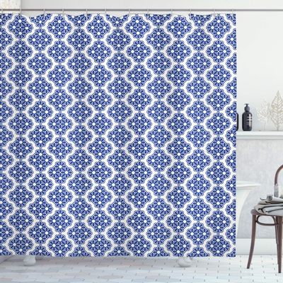Ambesonne Moroccan Shower Curtain, Turkish Ottoman Mosaic Tiles with Floral Leaves Details Print, Cloth Fabric Bathroom Decor Set with Hooks, 69" W x 75" L, Turquoise Blue