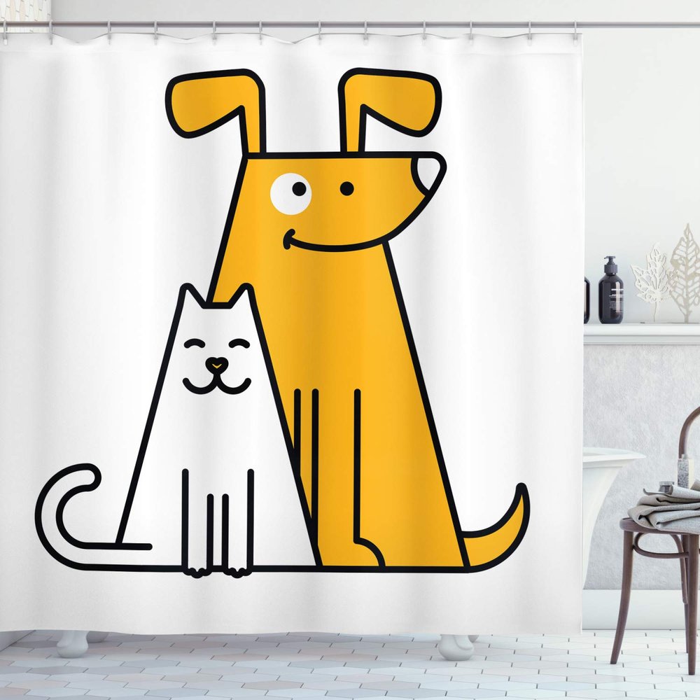 Ambesonne Cartoon Shower Curtain, Cats and Dogs Human Best Friends Forever Room Art Print, Cloth Fabric Bathroom Decor Set with Hooks, 69" W x 84" L, Black White and Apricot