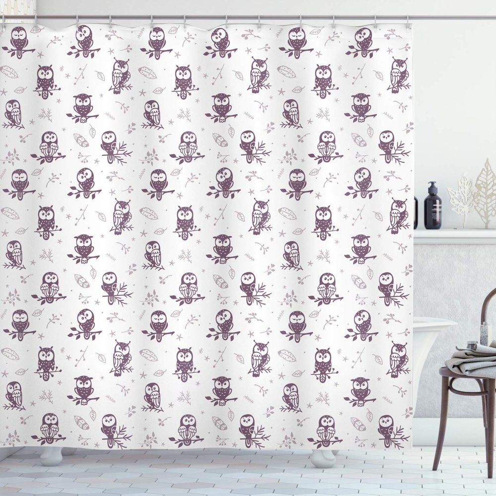 Ambesonne Owl Shower Curtain, Cartoon Style Illustration of Owls on The Branches Mysterious Woods Print, Cloth Fabric Bathroom Decor Set with Hooks, 69" W x 84" L, Eggplant White