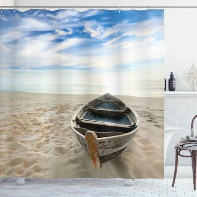 Ambesonne Holiday Shower Curtain, Boat on The Beach at Sunrise Morning Time Tranquil Sky Marine Panorama, Cloth Fabric Bathroom Decor Set with Hooks, 69" W x 70" L, Warm Taupe Pale Blue