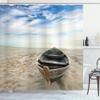 Ambesonne Holiday Shower Curtain, Boat on The Beach at Sunrise Morning Time Tranquil Sky Marine Panorama, Cloth Fabric Bathroom Decor Set with Hooks, 69" W x 70" L, Warm Taupe Pale Blue view 1