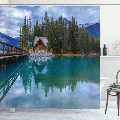 Ambesonne Nature Shower Curtain, Canadian Emerald Lake Scenery with a Wooden Cottage House Country View, Cloth Fabric Bathroom Decor Set with Hooks, 69" W x 75" L, Petrol Blue Olive Green