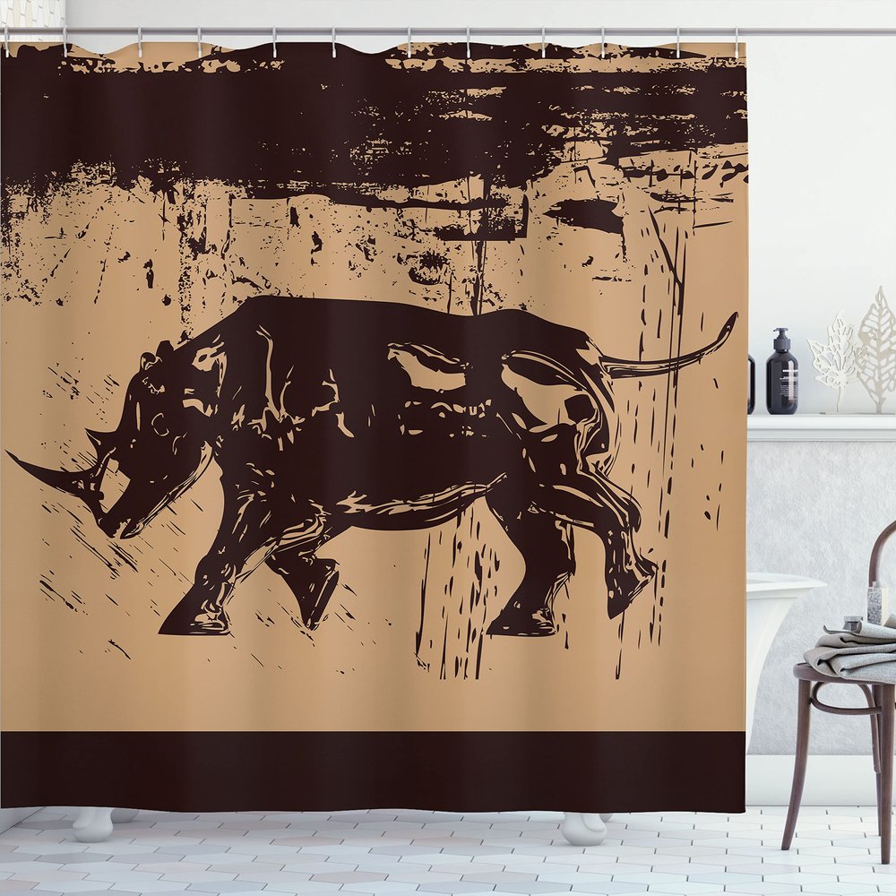 Ambesonne Animal Shower Curtain, Big Savannah Wildlife Creature Monochrome Sketchy Image Earthy Tones, Cloth Fabric Bathroom Decor Set with Hooks, 69" W x 84" L, Dark Brown