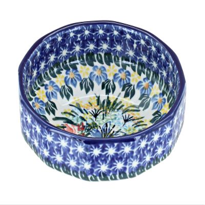 Blue Rose Polish Pottery - Blue Day Lily Bouquet Small Angular Bowl - 5" Diameter - Unique Dish for Appetizers, Nuts, or Candy