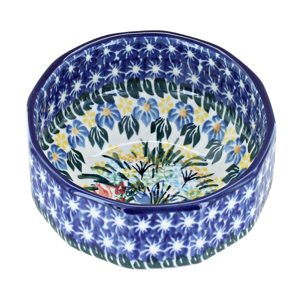 Blue Rose Polish Pottery - Blue Day Lily Bouquet Small Angular Bowl - 5" Diameter - Unique Dish for Appetizers, Nuts, or Candy