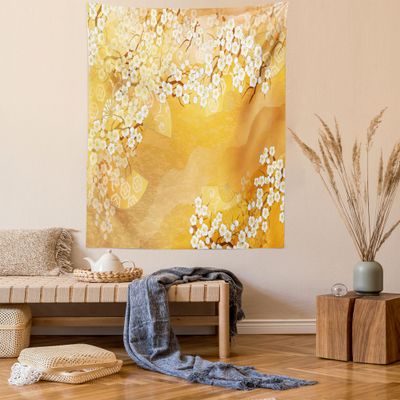 Ambesonne East Tapestry, Japanese Cherry Blossom Sakura Tree Branches Blooms Art, Wall Hanging for Bedroom Living Room Dorm Decor, 60" X 80", Marigold Cream