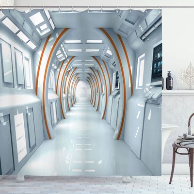 Ambesonne Fantasy Shower Curtain, Futuristic Hallway of Spaceship Digital Architecture Sci Fi Style Inner View, Cloth Fabric Bathroom Decor Set with Hooks, 69" W x 75" L, Pale Blue Orange