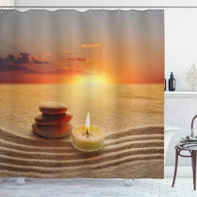 Ambesonne Boho Shower Curtain, Stack of Stones and Candle Yoga Horizon Backdrop Picture, Cloth Fabric Bathroom Decor Set with Hooks, 69" W x 84" L, Orange Sand Brown