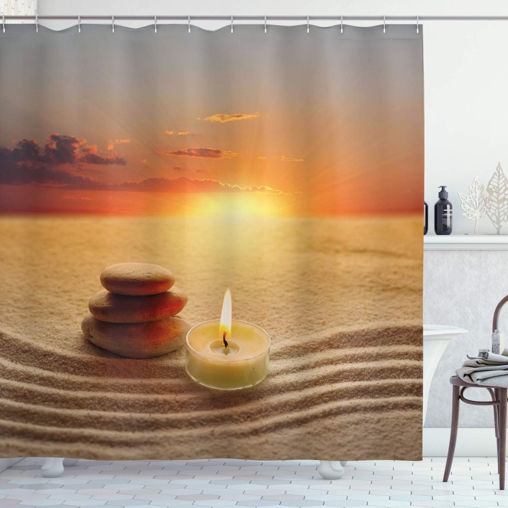 Ambesonne Boho Shower Curtain, Stack of Stones and Candle Yoga Horizon Backdrop Picture, Cloth Fabric Bathroom Decor Set with Hooks, 69" W x 84" L, Orange Sand Brown