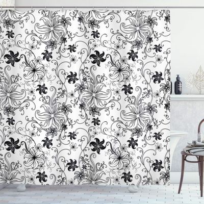 Ambesonne Floral Shower Curtain, Flowers Leaves Twirled Swirls Buds Nature Romantic Design Art Print, Cloth Fabric Bathroom Decor Set with Hooks, 69" W x 70" L, Black White