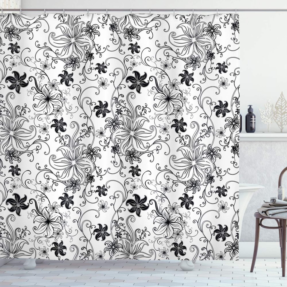 Ambesonne Floral Shower Curtain, Flowers Leaves Twirled Swirls Buds Nature Romantic Design Art Print, Cloth Fabric Bathroom Decor Set with Hooks, 69" W x 70" L, Black White