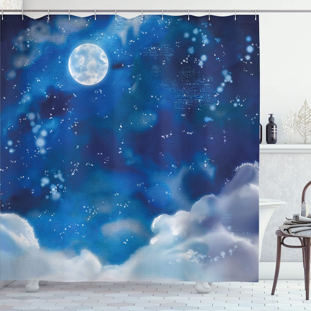 Ambesonne Moon Shower Curtain, Night Sky View with Stars Clouds Outer Space Inspired Dramatic Weather Watercolor Art, Cloth Fabric Bathroom Decor Set with Hooks, 69" W x 70" L, Pale Blue
