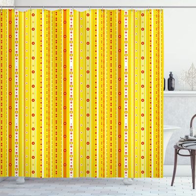 Ambesonne Abstract Shower Curtain, Vertical Striped Pattern Vibrant Color Polka Dots and Circles Rounded Design, Cloth Fabric Bathroom Decor Set with Hooks, 69" W x 70" L, Yellow White Red