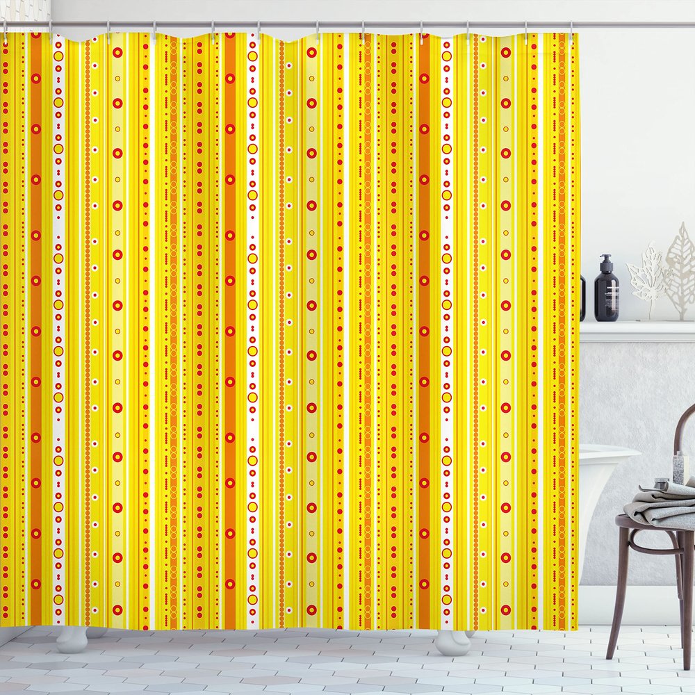 Ambesonne Abstract Shower Curtain, Vertical Striped Pattern Vibrant Color Polka Dots and Circles Rounded Design, Cloth Fabric Bathroom Decor Set with Hooks, 69" W x 70" L, Yellow White Red