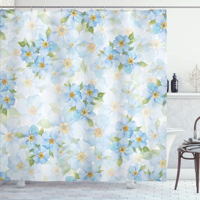 Ambesonne Floral Shower Curtain, Romantic Flowers Background Bouquet Garden Foliage Blossoms Art Print, Cloth Fabric Bathroom Decor Set with Hooks, 69" W x 84" L, Pale Blue Yellow Green
