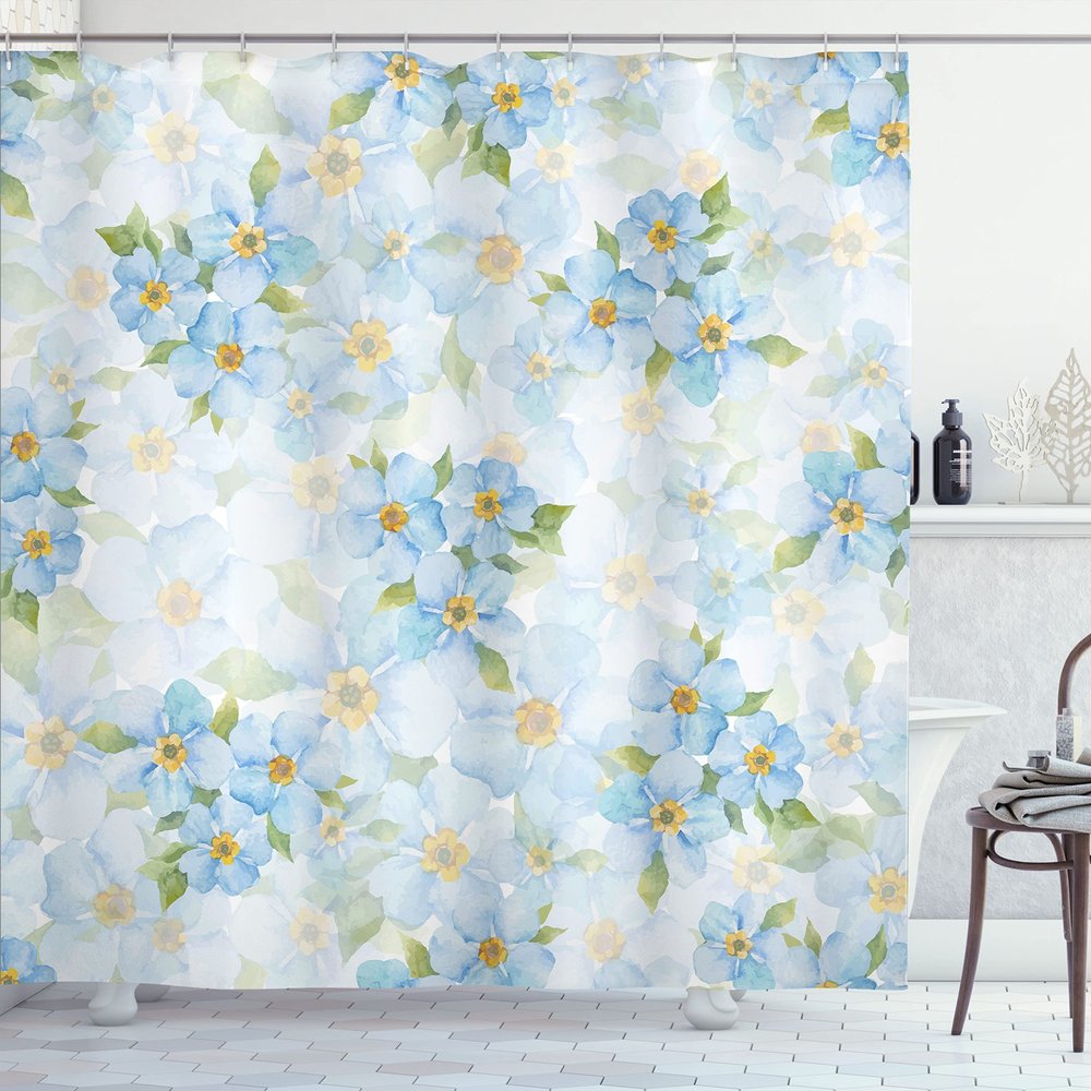 Ambesonne Floral Shower Curtain, Romantic Flowers Background Bouquet Garden Foliage Blossoms Art Print, Cloth Fabric Bathroom Decor Set with Hooks, 69" W x 84" L, Pale Blue Yellow Green