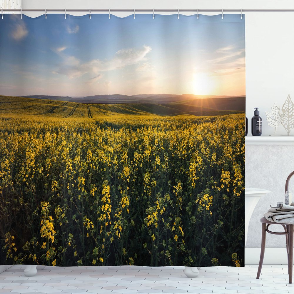 Ambesonne Landscape Shower Curtain, Scenic View Sunset Flower Field Spring Countryside Rural Idyllic Scenery, Cloth Fabric Bathroom Decor Set with Hooks, 69" W x 70" L, Yellow Green Blue