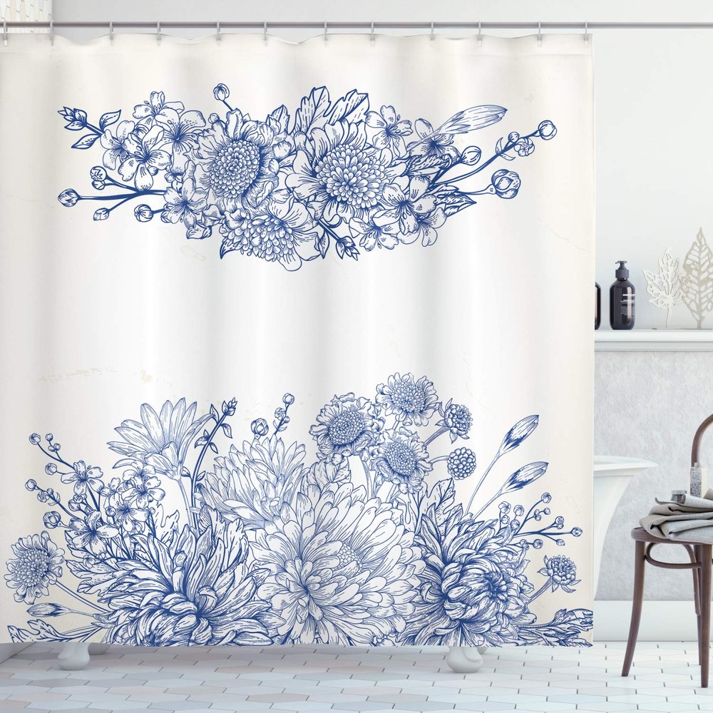 Ambesonne Blue Shower Curtain, Floral Bouquet Corsage Carnations Chamomiles Bridal Wedding Anniversary Theme, Cloth Fabric Bathroom Decor Set with Hooks, 69" W x 84" L, Blue White