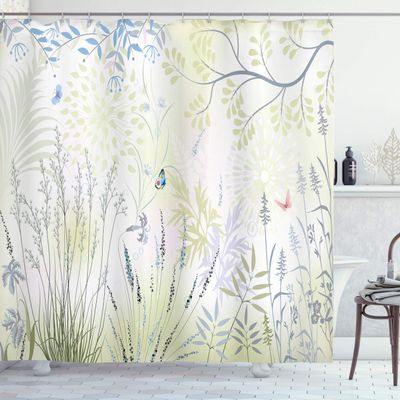 Ambesonne Nature Shower Curtain, Wild Herbs and Butterfly Fern Curved Branch Mother Earth Foliage Graphic, Cloth Fabric Bathroom Decor Set with Hooks, 69" W x 75" L, Blue Green