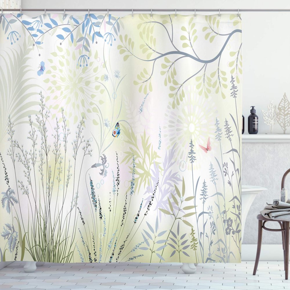 Ambesonne Nature Shower Curtain, Wild Herbs and Butterfly Fern Curved Branch Mother Earth Foliage Graphic, Cloth Fabric Bathroom Decor Set with Hooks, 69" W x 75" L, Blue Green
