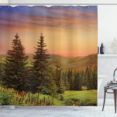 Ambesonne Forest Shower Curtain, Heaven Like View with Fir Trees and Pines Spruce by The Sidehills at Dawn Outdoor Scenery Artwork, Cloth Fabric Bathroom Set with Hooks, 69" W x 75" L, Coral Lilac