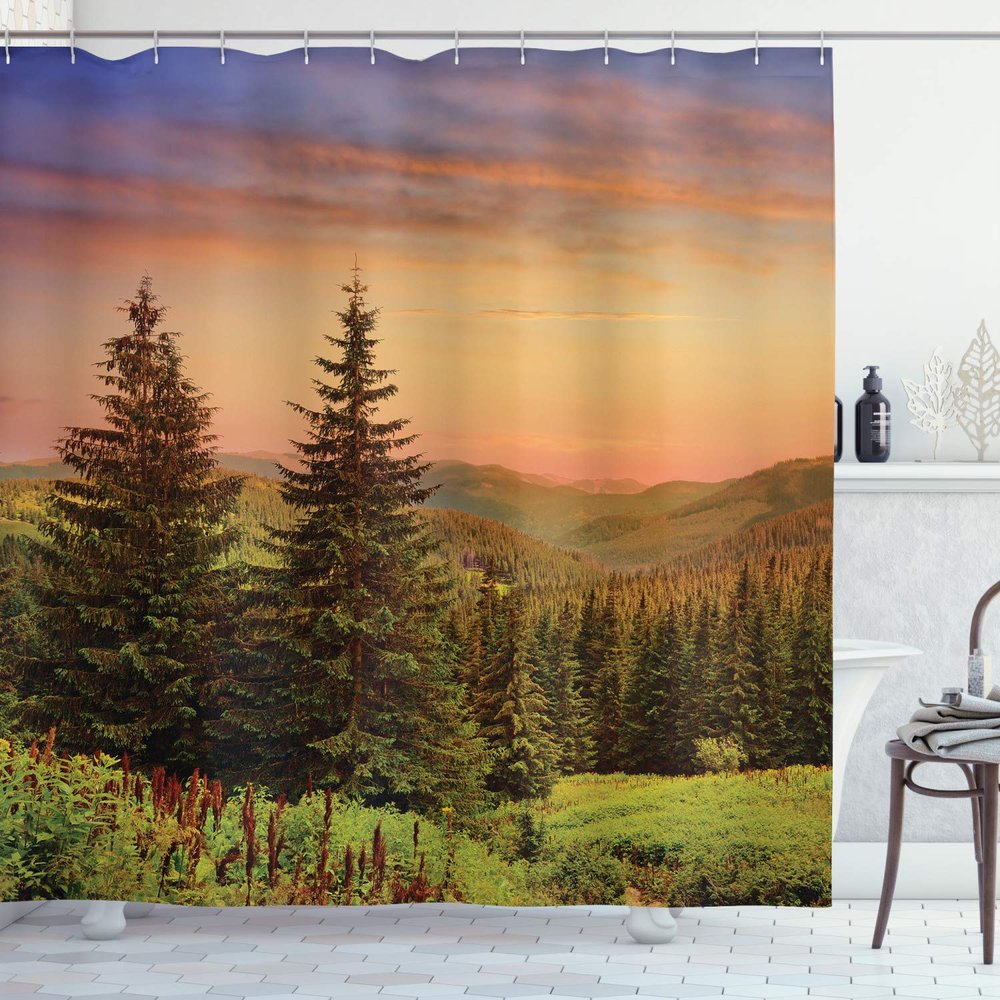 Ambesonne Forest Shower Curtain, Heaven Like View with Fir Trees and Pines Spruce by The Sidehills at Dawn Outdoor Scenery Artwork, Cloth Fabric Bathroom Set with Hooks, 69" W x 75" L, Coral Lilac