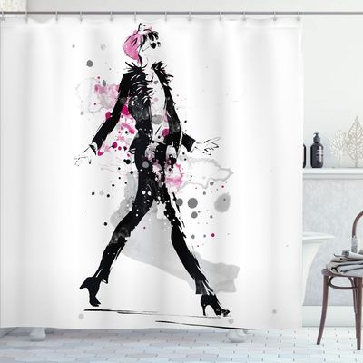Ambesonne Fashion Shower Curtain, Woman Model on Catwalk Runway in Vintage Clothes Design Illustration, Cloth Fabric Bathroom Decor Set with Hooks, 69" W x 70" L, Black and Pink