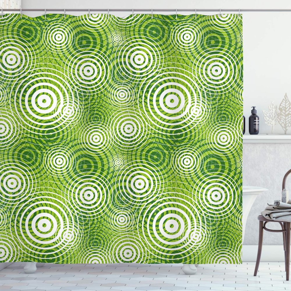 Ambesonne Abstract Shower Curtain, Circular Round Shaped Inner Geometric Eco Wavelength Illustration, Cloth Fabric Bathroom Decor Set with Hooks, 69" W x 84" L, Hunter Green White