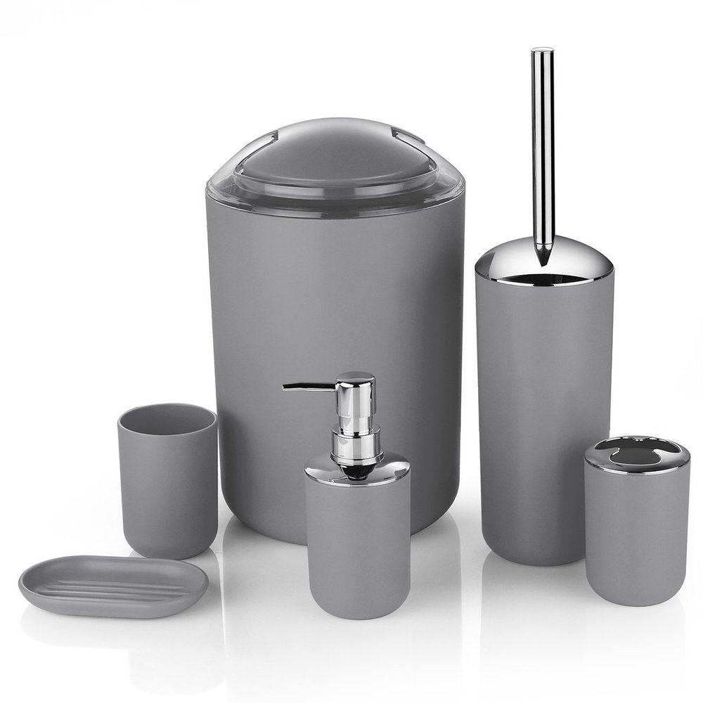 Bathroom Accessories Set 6 Piece - Trash Can, Toothbrush Holder, Toothbrush Cup, Soap Dispenser, Soap Dish, Toilet Brush Holder - Modern Bathroom Decor Set (Grey)