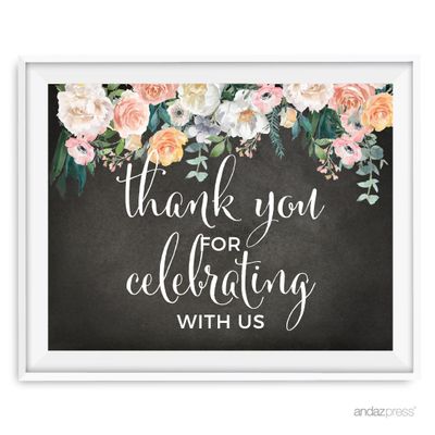 Andaz Press Peach Chalkboard Floral Garden Party Wedding Collection, Party Signs, Thank You for Celebrating With Us, 8.5x11-inch, 1-Pack