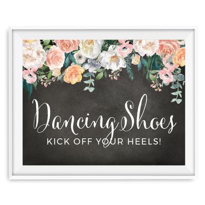 Andaz Press Peach Chalkboard Floral Garden Party Wedding Collection, Party Signs, Dancing Shoes - Kick Off Your Heels!, 8.5x11-inch, 1-Pack