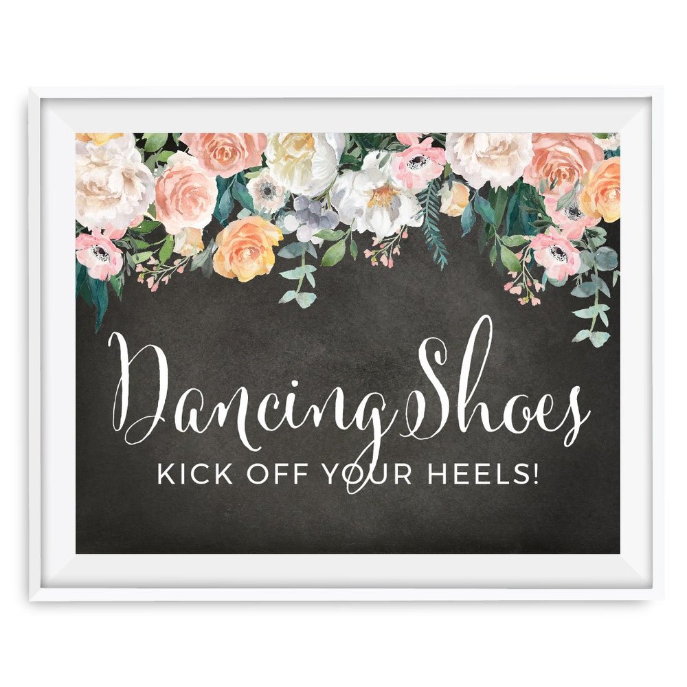 Andaz Press Peach Chalkboard Floral Garden Party Wedding Collection, Party Signs, Dancing Shoes - Kick Off Your Heels!, 8.5x11-inch, 1-Pack